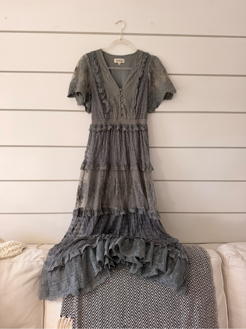 Listicle Lace Tiered Maxi Dress in Dusty Gray